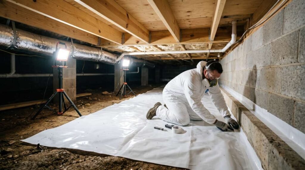 Crawl Space Encapsulation Cost in Charlotte, NC: Complete Pricing Guide | Carolina Encapsulation Company Crawl space encapsulation worker installing white vapor barrier in a residential crawl space in Charlotte NC with LED work lights