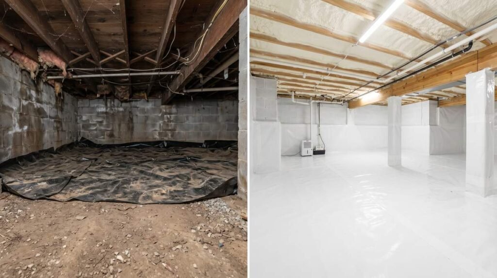 Side by side comparison of a basic vapor barrier versus full crawl space encapsulation in a North Carolina home